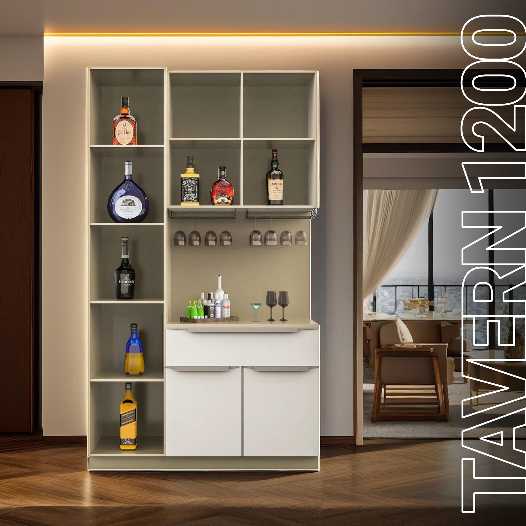 Tavern 1200 Bar Cabinet - Engineered Wood Bar Unit for Home