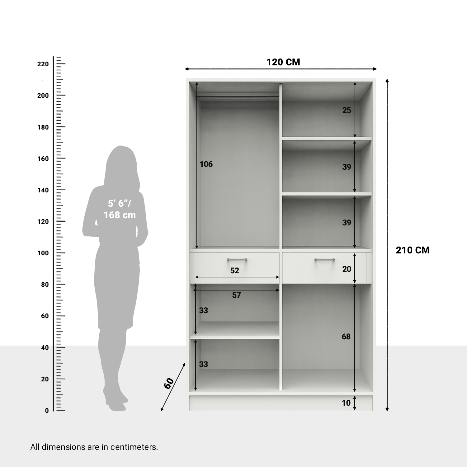 Ultrafresh Hutch Double Door Wardobe 1200 White Finish