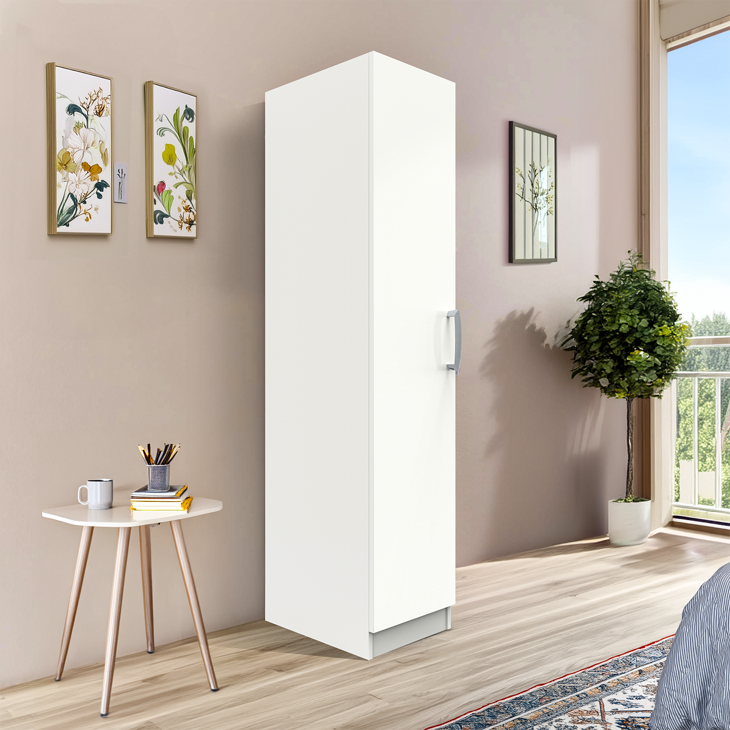 Ultrafresh Single DoorWardrobe With 3 Vertical Drawers And 5 Racks in Everest White Laminate